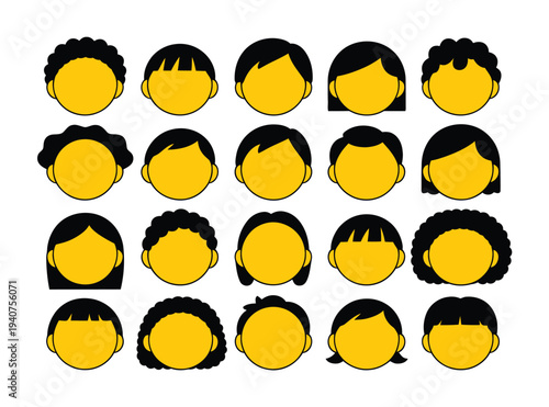 Set of diverse simplified cartoon avatars show.