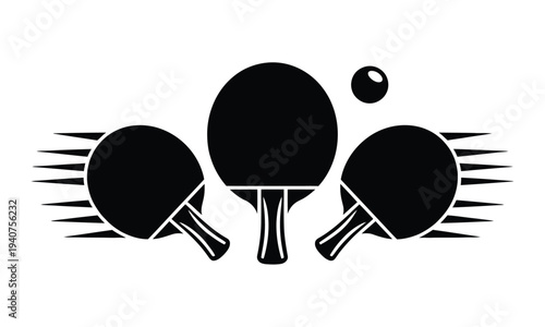 Three table tennis paddles with motion lines.