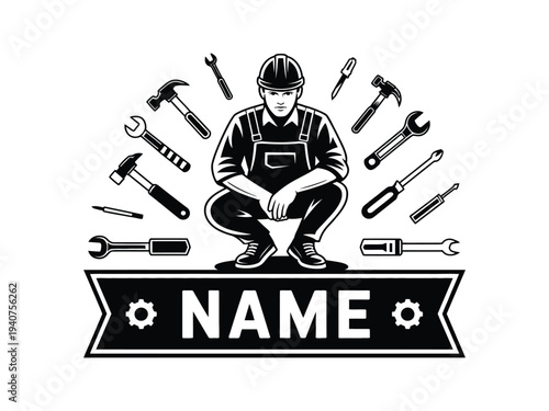 Tradesman squats surrounded by various hand.