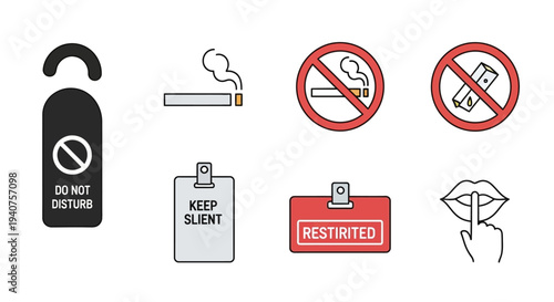 Hotel room signs and symbols indicating rules and prohibitions on a white background