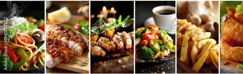Obraz  z motywem Delicious Assortment of International Cuisine Dishes and Fast Food Delights.