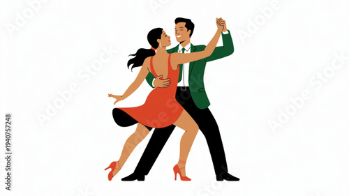 Couple dancing tango man in green jacket and woman in red dress romantic movement elegant poses white background