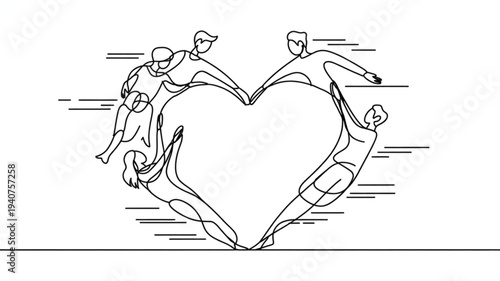 Four people forming a heart shape with their bodies in a line art style conveying love and unity