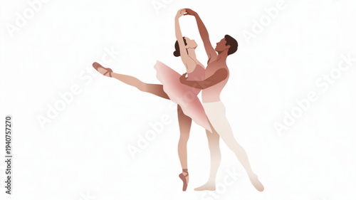 Elegant ballerina and dancer in a graceful lift performing a romantic ballet pose together on stage
