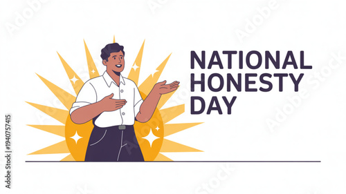 Man celebrating national honesty day with sincere gesture and sunburst background