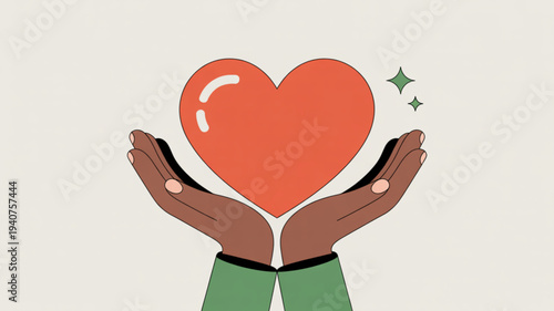 Hands holding a red heart with sparkles symbolizing love care and kindness in a simple flat design illustration