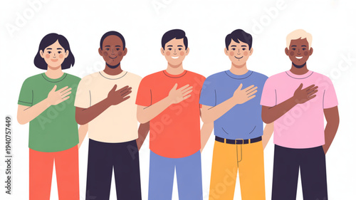 Diverse group of people standing with hands on heart showing unity and solidarity in a colorful illustration
