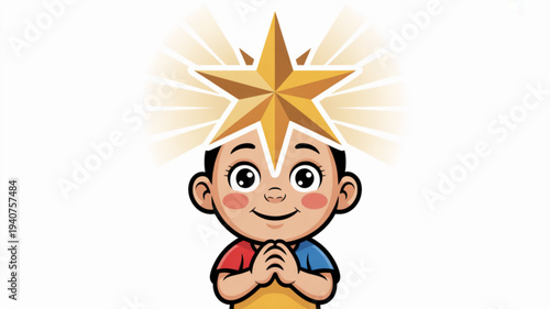 Smiling cartoon boy with hands clasped in prayer under a shining golden star on his head symbolizing hope and positivity