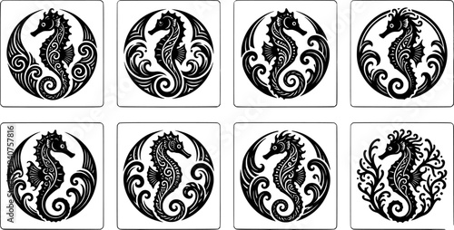 Flat silhouette seahorse vector set with six side profile designs ornamental curled tails marine icon collection bold black high contrast
