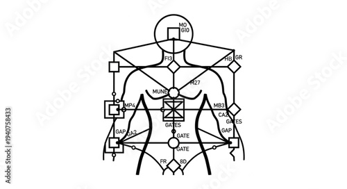 Diagram of the human bodys energy meridians and chakras.