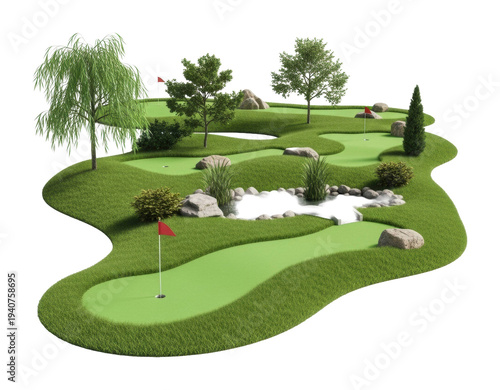 Mini golf course design outdoor park 3d rendering natural setting isolated on transparent background