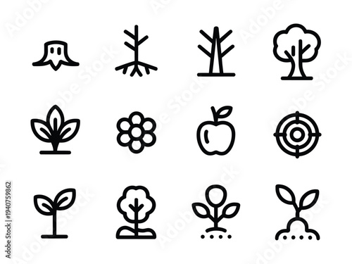 A collection of black line icons depicting various stages of plant growth and development on a white background