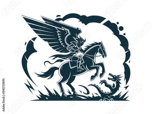A mythical winged warrior rides a horse and battles a dragon in a fierce and epic illustration.