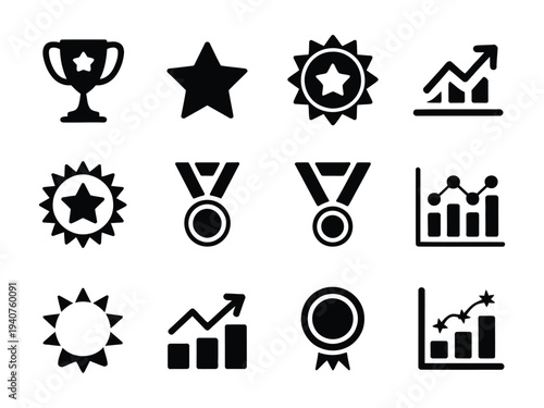 A collection of black icons representing awards and achievements on a white background