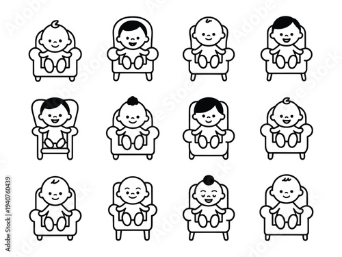 A set of cartoon babies sitting in various armchairs with different hairstyles and facial expressions.