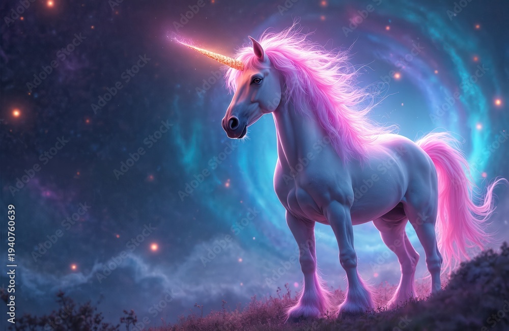 Obraz premium White unicorn with pink mane and tail stands on grassy hill against colorful nebula and starry sky. Its horn emits magic light, fantasy creature in cosmic space.