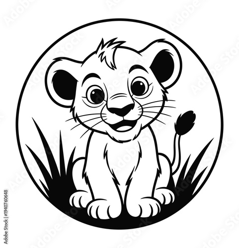 A cute cartoon lion cub sitting in a circle with grass and flowers