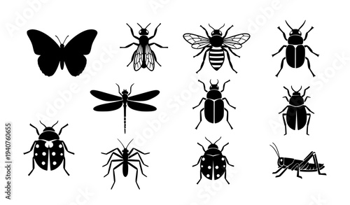 Black insect icons set with butterfly bee beetle and ant symbols