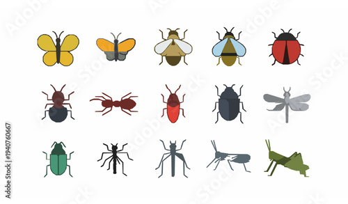 Insects icon set with butterfly bee ladybug ant and beetle flat vector collection