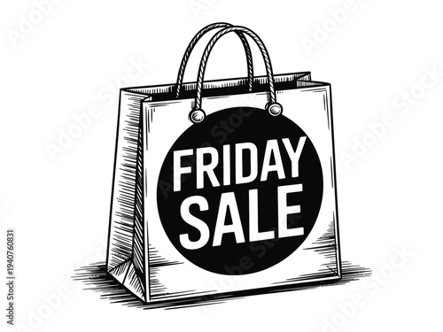 A shopping bag with a Friday Sale sign on it, indicating a special shopping event.