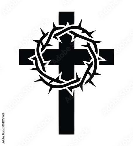 A black cross with a crown of thorns on a white background symbolizing faith and spirituality
