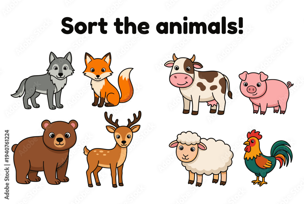 Fototapeta premium Cartoon animals for sorting activity with labels and illustrations 