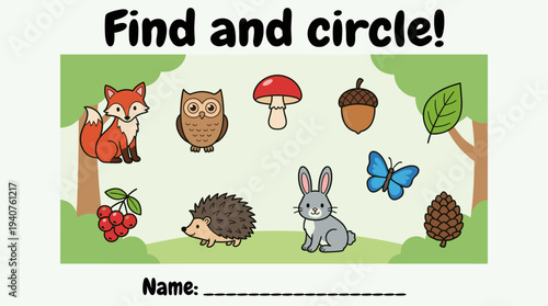 Cartoon nature scene with animals and items for children to circle  