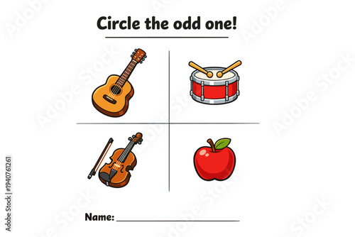 Educational activity sheet for children with musical instruments and apple  