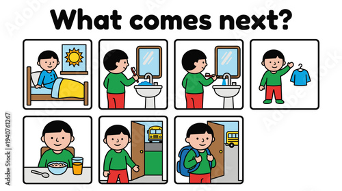 Boy following morning routine steps in illustrated sequence  