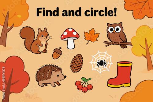 Fall-themed illustration with forest animals and objects to find  