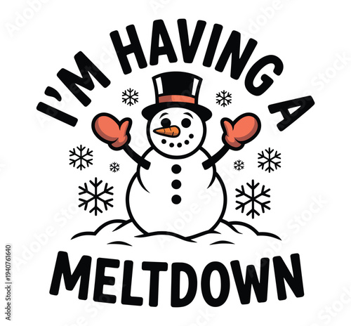 A cartoon snowman having a meltdown with a top hat and mittens on a white background