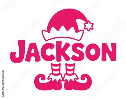 A festive pink graphic with the name Jackson and an elf hat design