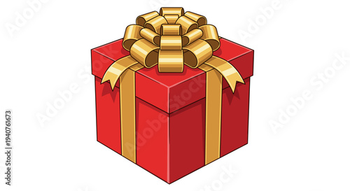 Red gift box with golden ribbon and curled bow illustration