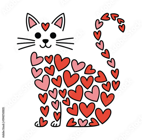 A cute cartoon cat covered in red and pink hearts on a white background