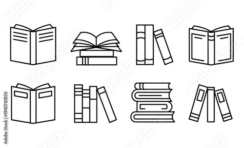 A collection of black and white illustrations of books in various arrangements and poses on a plain white background