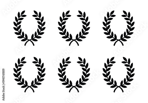 A set of six black laurel wreath icons on a white background, symbolizing achievement and victory
