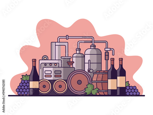 An illustration of a train converted into a wine production machine with grapes and bottles around it.
