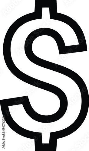 Black and white dollar sign symbol representing currency and financial concepts. Vector
