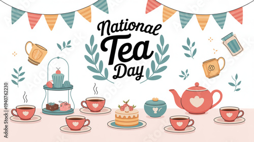 National tea day celebration with colorful tea party setting and festive decorations