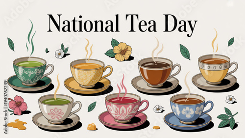 National tea day celebration with colorful tea cups and saucers on a beige background