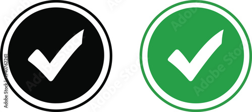 Two checkmark icons in contrasting black and green circular backgrounds Vector