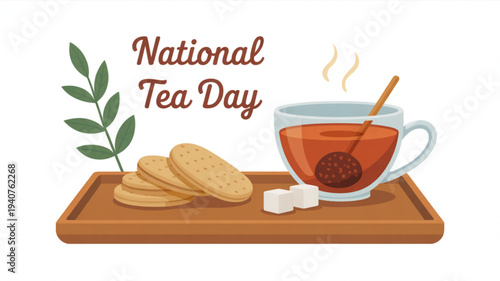 National tea day celebration with steaming cup of tea and biscuits on wooden tray