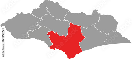 Highlighted region of a map showing a specific area in red within a larger country boundary Vector
