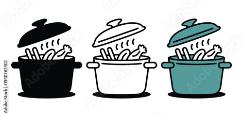 Three colorful pots of boiling food on a white background