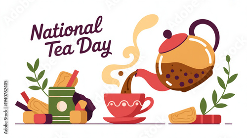 National tea day celebration with tea cup teapot and assorted tea varieties on a clean white background