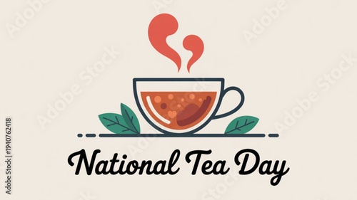 Steaming cup of tea with leaves on national tea day celebration background