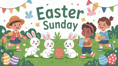 Children playing with easter bunnies and eggs in a colorful garden with festive decorations and bunting