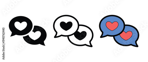 A set of colorful chat bubbles with hearts on a white background