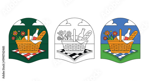 Three colorful picnic basket illustrations with wine and bread on a blanket