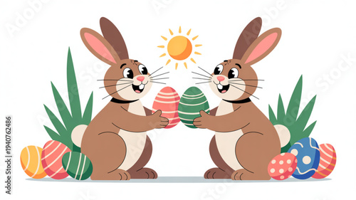 Two brown rabbits holding colorful easter eggs on a sunny day with green plants and decorated eggs